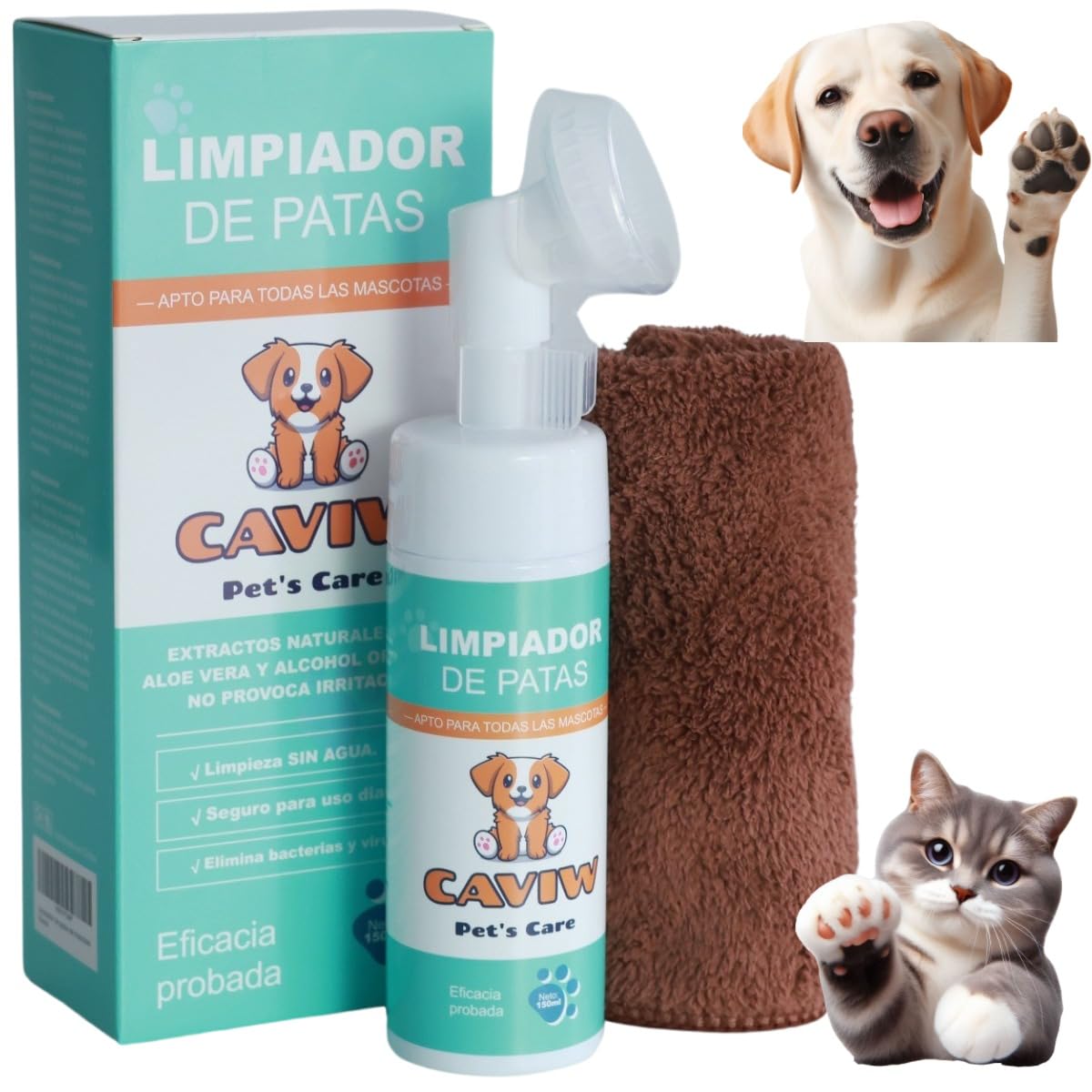 CAVIW Cepillo Limpiador de Patas para Perro, Gato, Mascotas Espuma 150ml Toalla y Tijeras de Regalo. Cabezal con Cepillo de Silicona Lavable. Elimina Suciedad y Bacterias con extractos Naturales. (1)