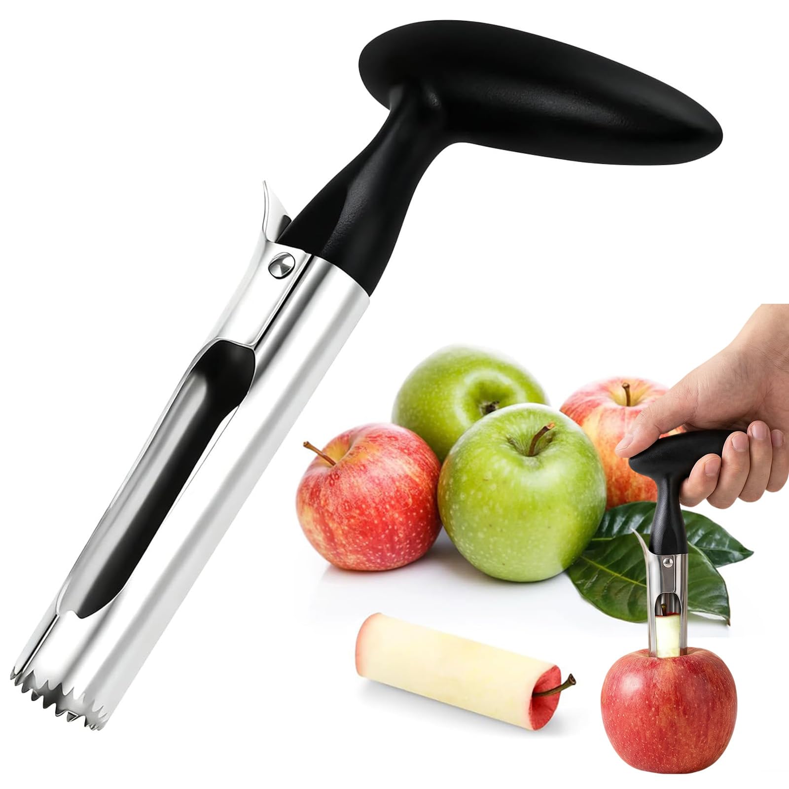 Apple Corer Remover, Apple Slicer Cutter, Apple Cutter with Serrated Stainless Steel Blade and Ergonomic ABS Handle, Easy to Clean & Use Apple Corer and Slicer (Black)