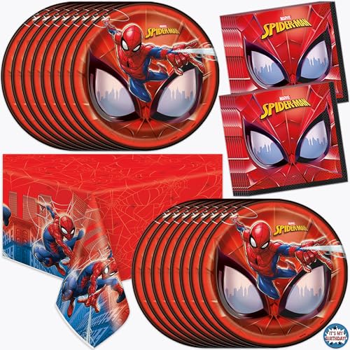 Spiderman Birthday Decorations | Serves 16 | Tablecloth Plates Napkins Sticker | Spiderman Party Decorations