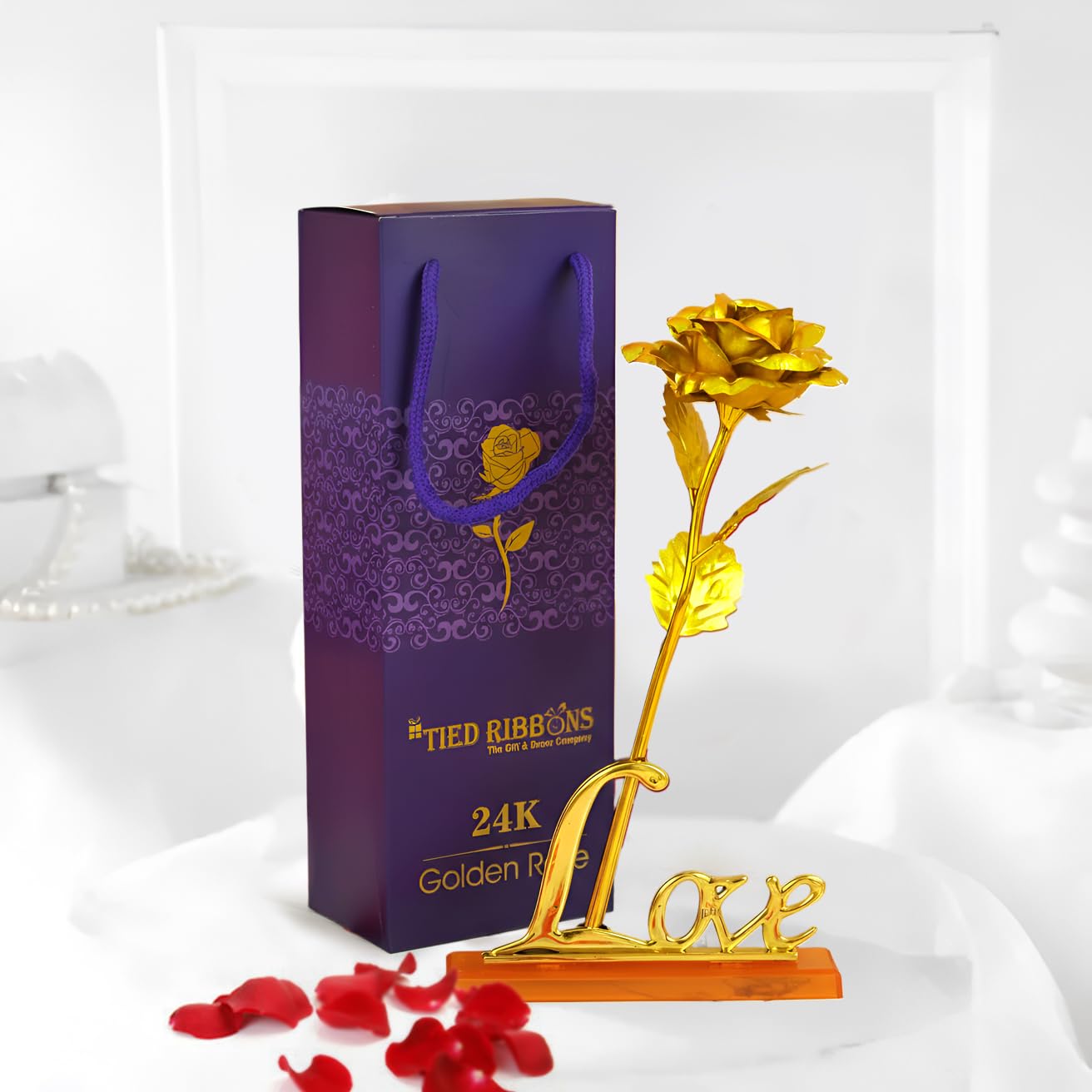 TIED RIBBONS 24k Gold Plated Artificial Rose Flower with Love Stand and Box - Valentine Gift for Girlfriend Boyfriend Girls Boys Husband Wife Love Couple-image-43