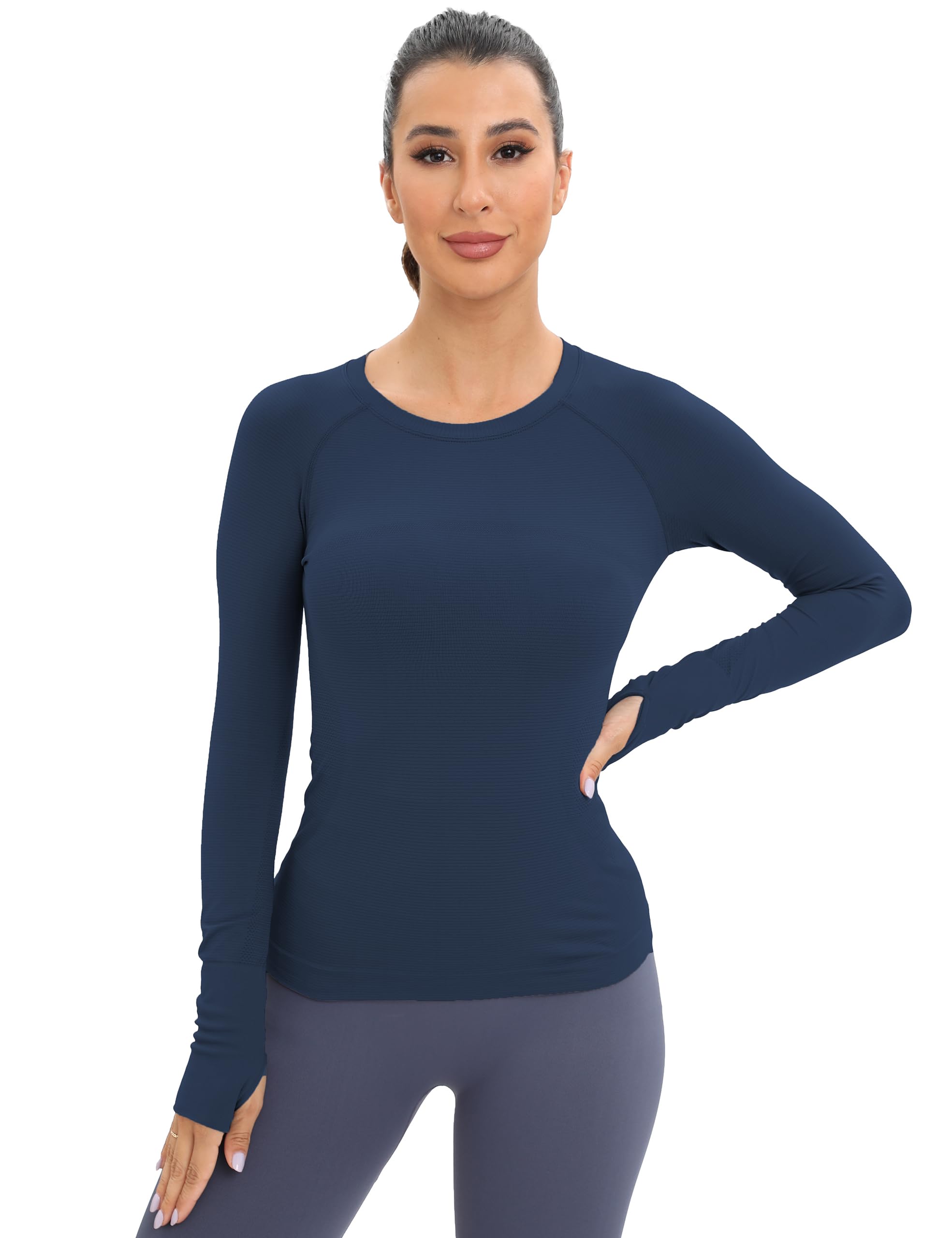 MathCat Workout Shirts for Women Long-Sleeved Athletic Shirt Running Breathable Seamless Yoga Tops Navyblue