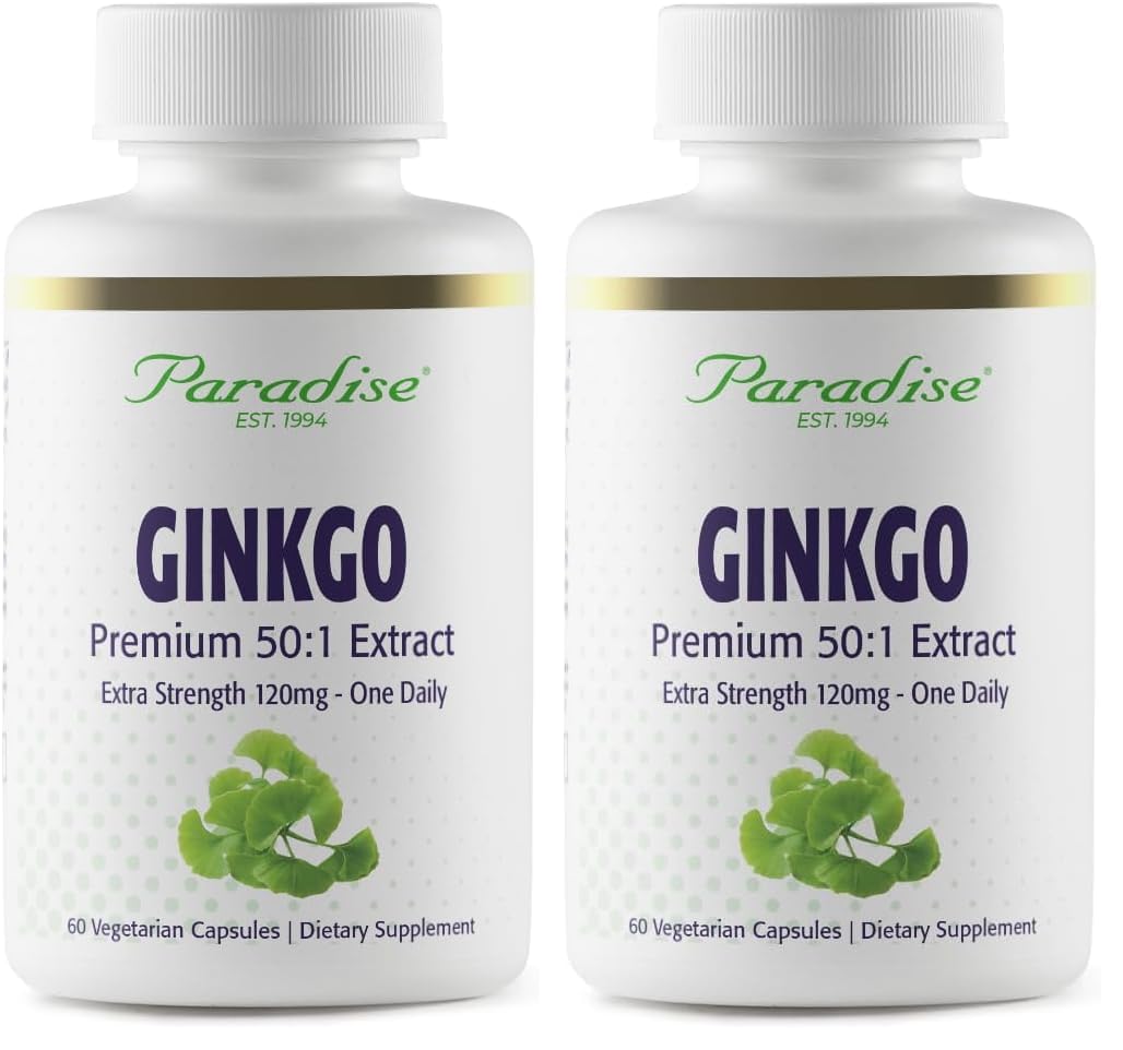 Paradise Herbs Ginkgo Biloba Extract, Super Potent, Ultra Pure, Vegan, Non GMO, Gluten Free, 60 Vegetarian Capsules (Pack of 2) 60 Count (Pack of 2)