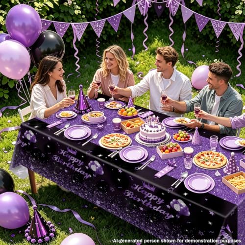 Image of 4 Pcs Happy Birthday Black and Purple Party Tablecloths - Purple Black Party Decorations Plastic Tablecloth Rectangular Table Covers for Boy Girl Baby Shower Birthday Table Supplies, 51 x 86.6 Inch