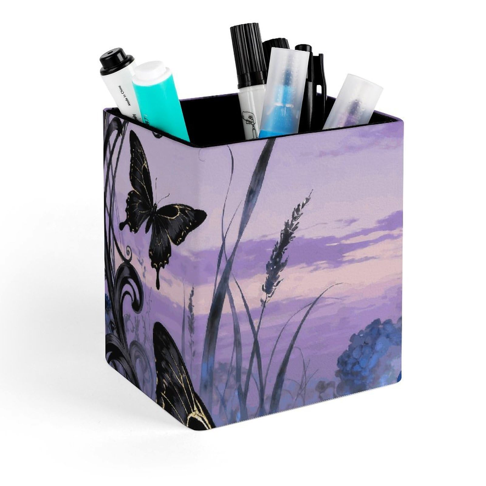 DWVTSLH Aesthetic Pen Holder for Desk - Modern Leather Pencil Holder - Stylish Square Makeup Brush Holder - Swallowtail Hydrangea Pen Cup Cute And Functional Desk Organizer for Office Supplies
