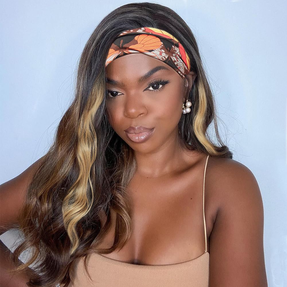 Colorful Queen Glueless Headband Wig Blonde Highlight Body Wave Headband Wigs for Women 26 Inch Long Wavy Wig Natural Looking Synthetic Heat Resistant