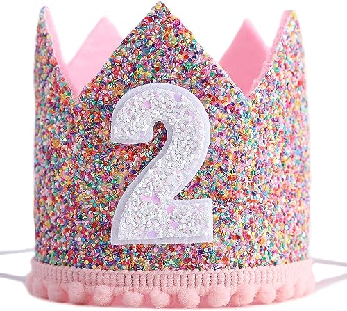 AIVYNA 2nd Birthday Hat for Birthday Party Glitter Candy Colors Crown Second Birthday Crown Baby Children Kids Girl Gift Pink Princess Decor Presents Two Years Old S
