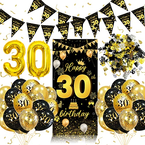 30 Geburtstag Deko,30. Geburtstag Männer Frauen Dekorationen Banner,Konfetti 30. Geburtstag Deko,30. Geburtstag Deko Lange Banner Hintergrund und Schwarz Gold,Geburtstagsdeko 30 Luftballons