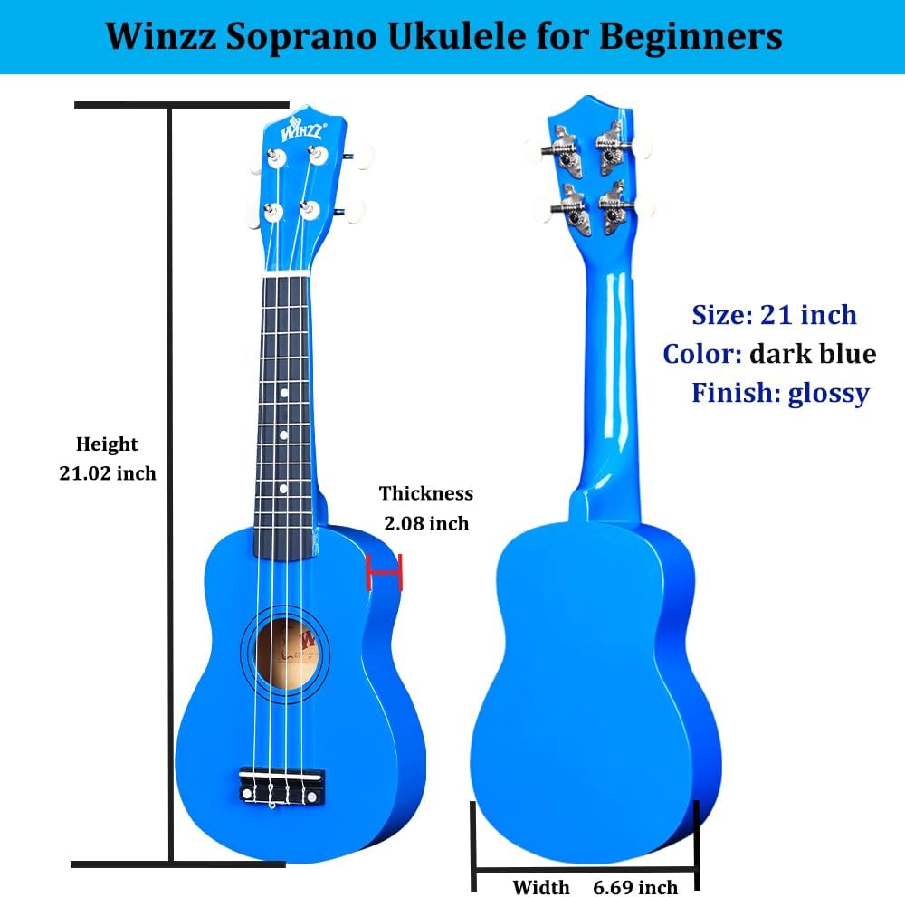 Winzz Soprano Ukulele Starter Kit For Beginners with Bag, Clip-On Tuner, Extra Strings, Strap, Plectrum, Fret Stickers, Chords Card, Polishing Cloth, Dark Blue