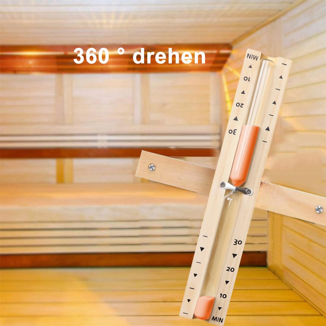 Sanduhr Sauna, Sanduhr 30 Minuten, Orange 30 Minuten Hölzerner Sand, Drehung der Dhamuhr, Reldo De Arena, ist mit Zeitgläsern im Zeitkanal Sandale und Baloo Betäubt