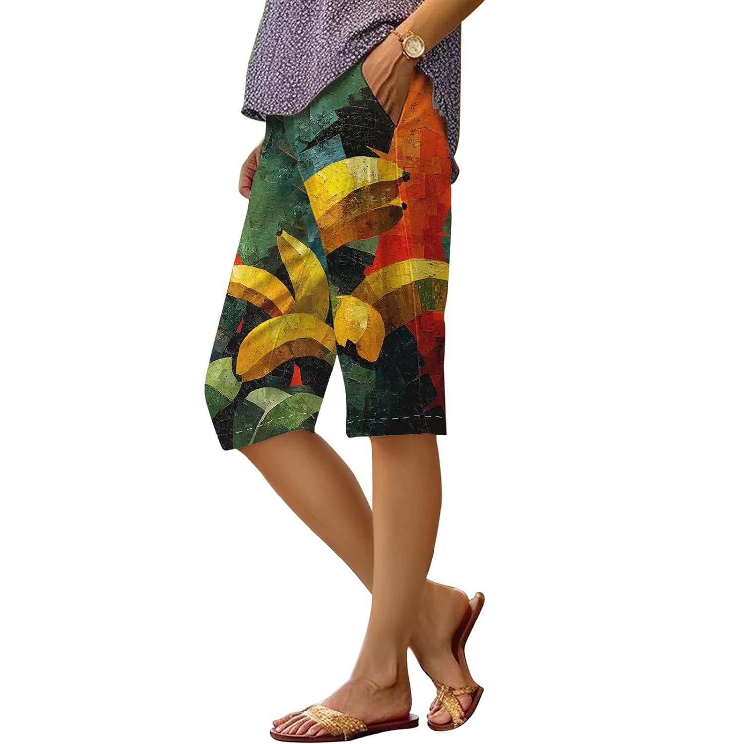 Womens Summer Beach Bermuda Shorts Floral Oil Painting Loose Casual Knee Length Wide Leg Gym Athletic Pants with