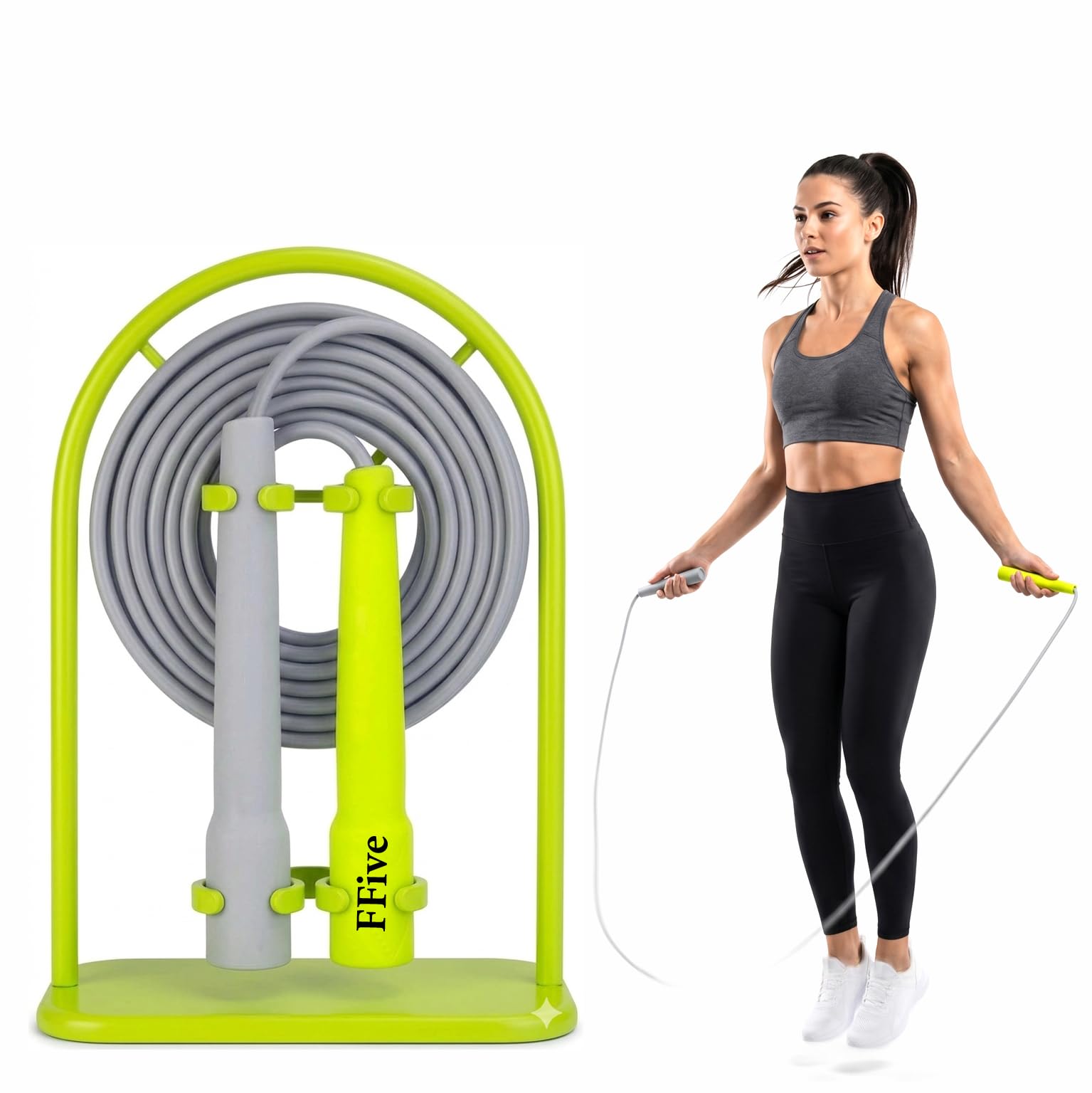 ffive jump rope with stand, skipping rope for fitness, cardio workout, grey and green