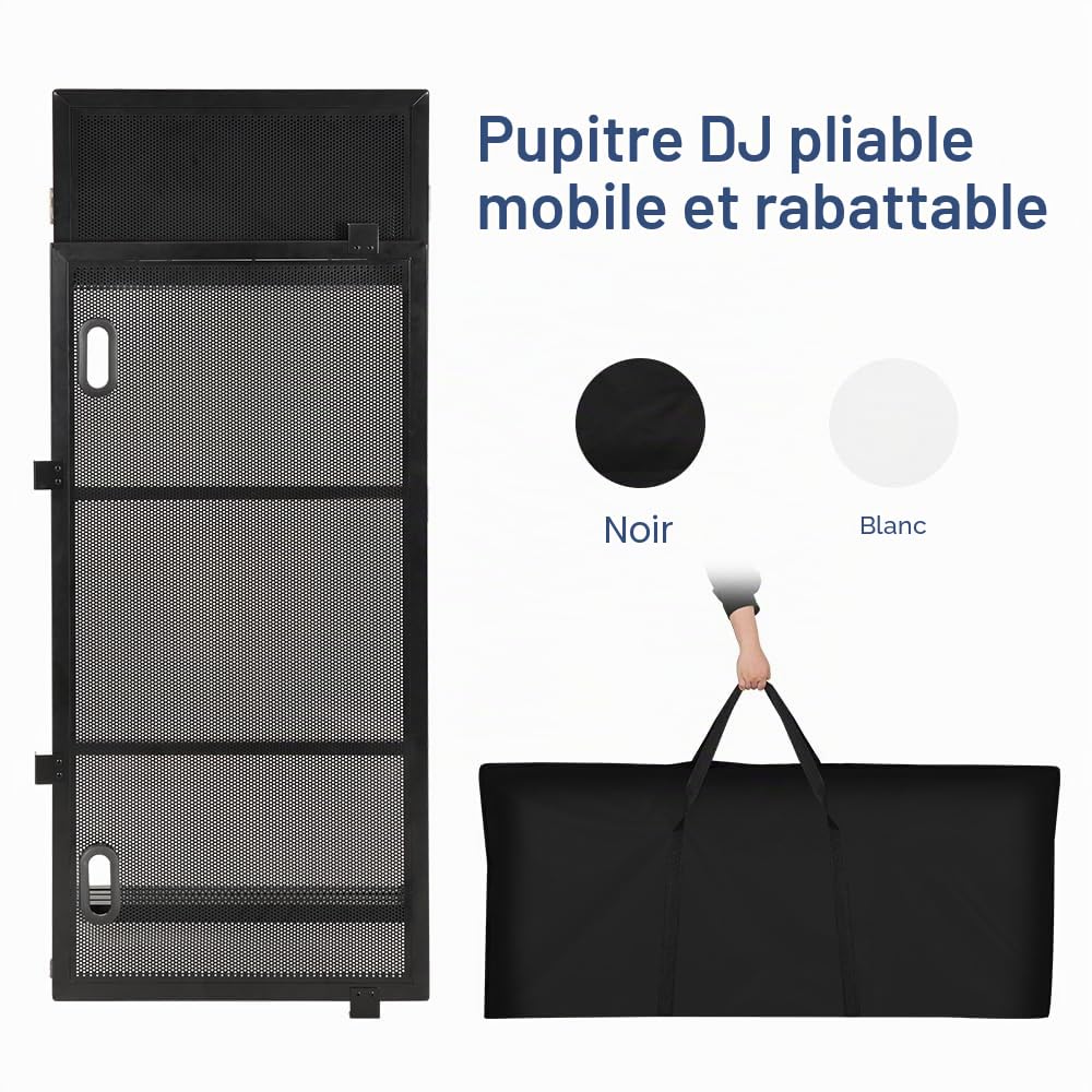 SMONTER table de DJ pliable mobile et dépliable, console de DJ avec revêtement noir et blanc, support de DJ réglable en hauteur et cabine de DJ (105 cm L x 51 cm P x 117 cm H), équipement DJ pour les