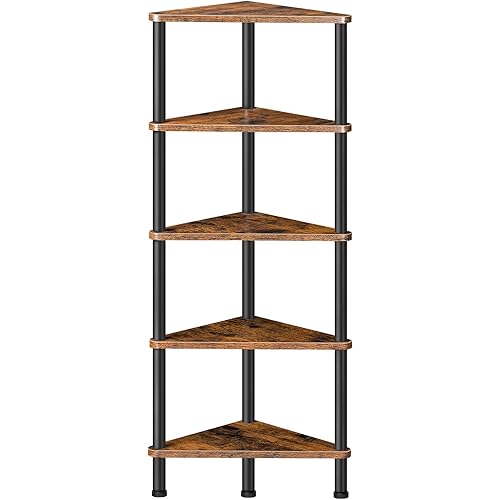 HOOBRO Corner Shelf Stand, Industrial 5-Tier Corner Bookshelf with Metal Frame, Plant Display Shelf, Small Bookcase for Small Spaces, Bedroom, Living Room, Rustic Brown BF33CJ01