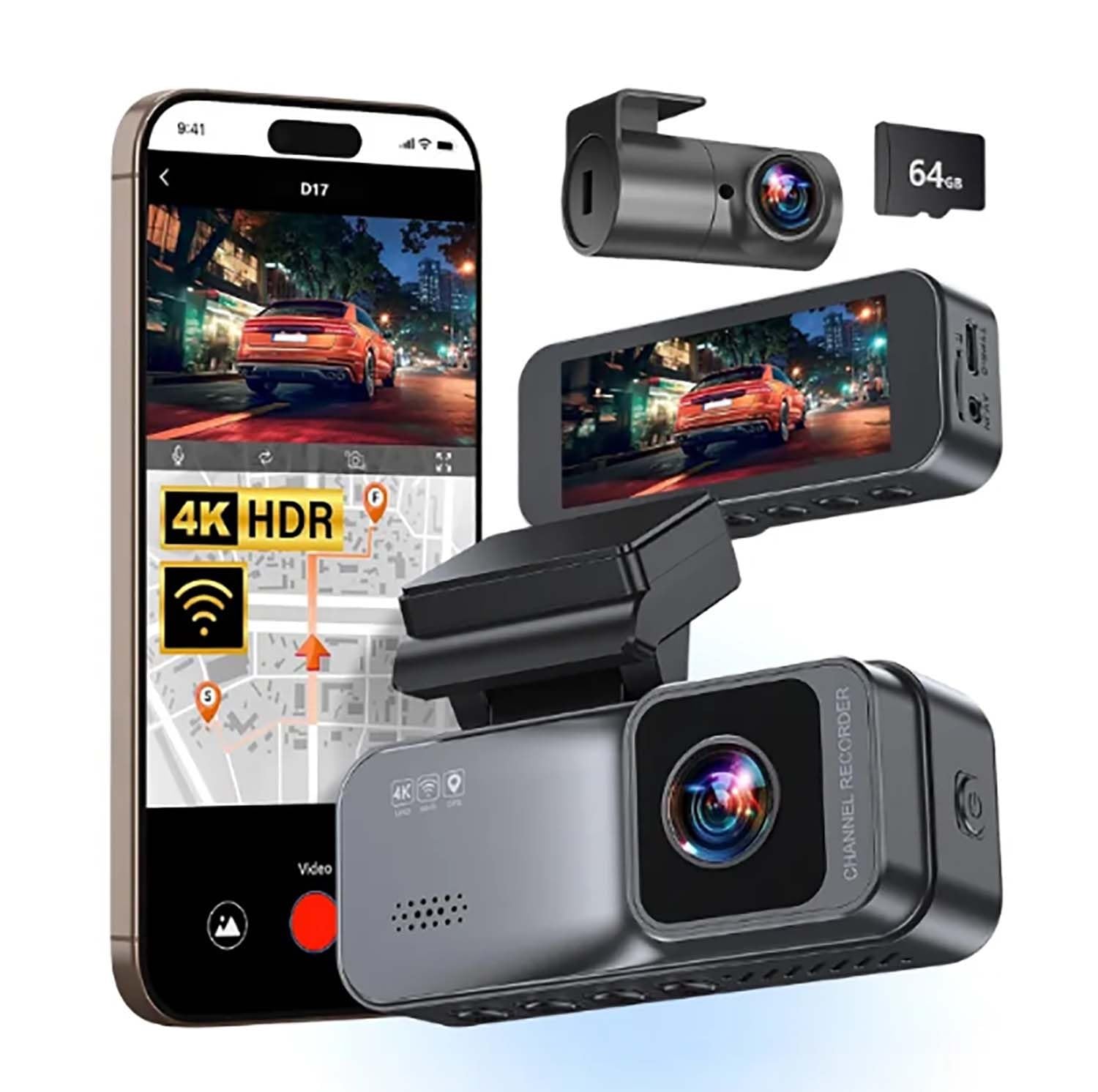 Osmo Dashcam Pro 2.0 mit 4K Vorne Hinten, 5.8GHz WiFi, kostenlose 64-GB-Karte, Dashcam mit Parküberwachung, 170° Weitwinkel, Nachtsicht & Parkmodus