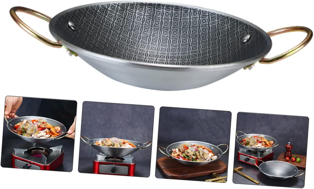 UKCOCO Double Handle Stainless Steel Cooking Pan for Hot Pot Shop Use