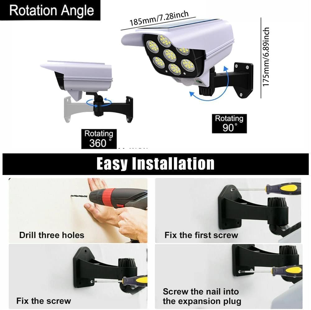 Muej Solar Lights Dummy Camera - 77LED Solar Security Light|77 LEDs Spotlight with Remote Controller Outdoor IP66 Waterproof,Wireless Night Safety and Fake Camera Shaped Light - Image 6 thumbnail