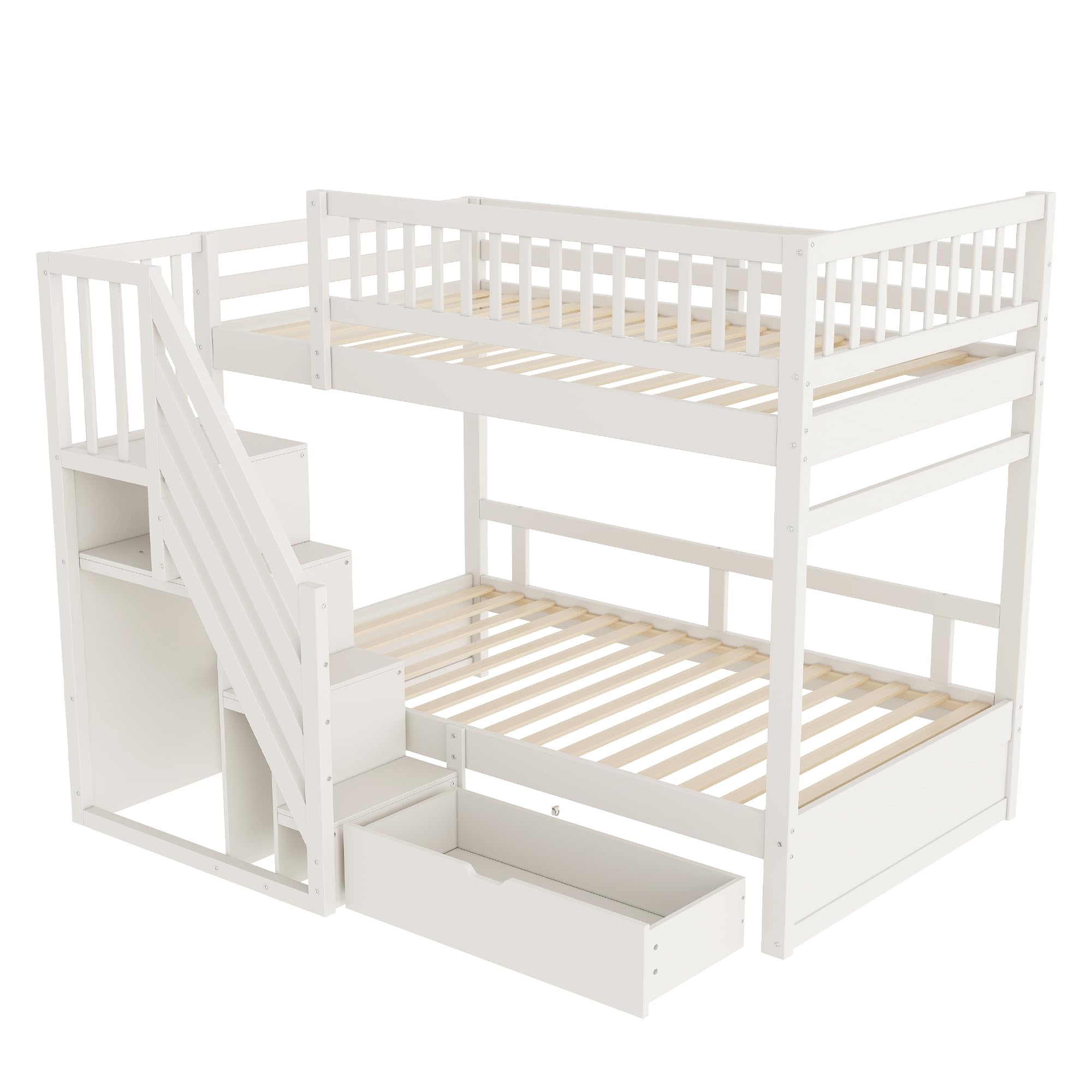 Letto a castello 90x200, letto per bambini con scala e armadio, letto a soppalco con cassetti, rete a doghe in legno, bianco, senza materasso
