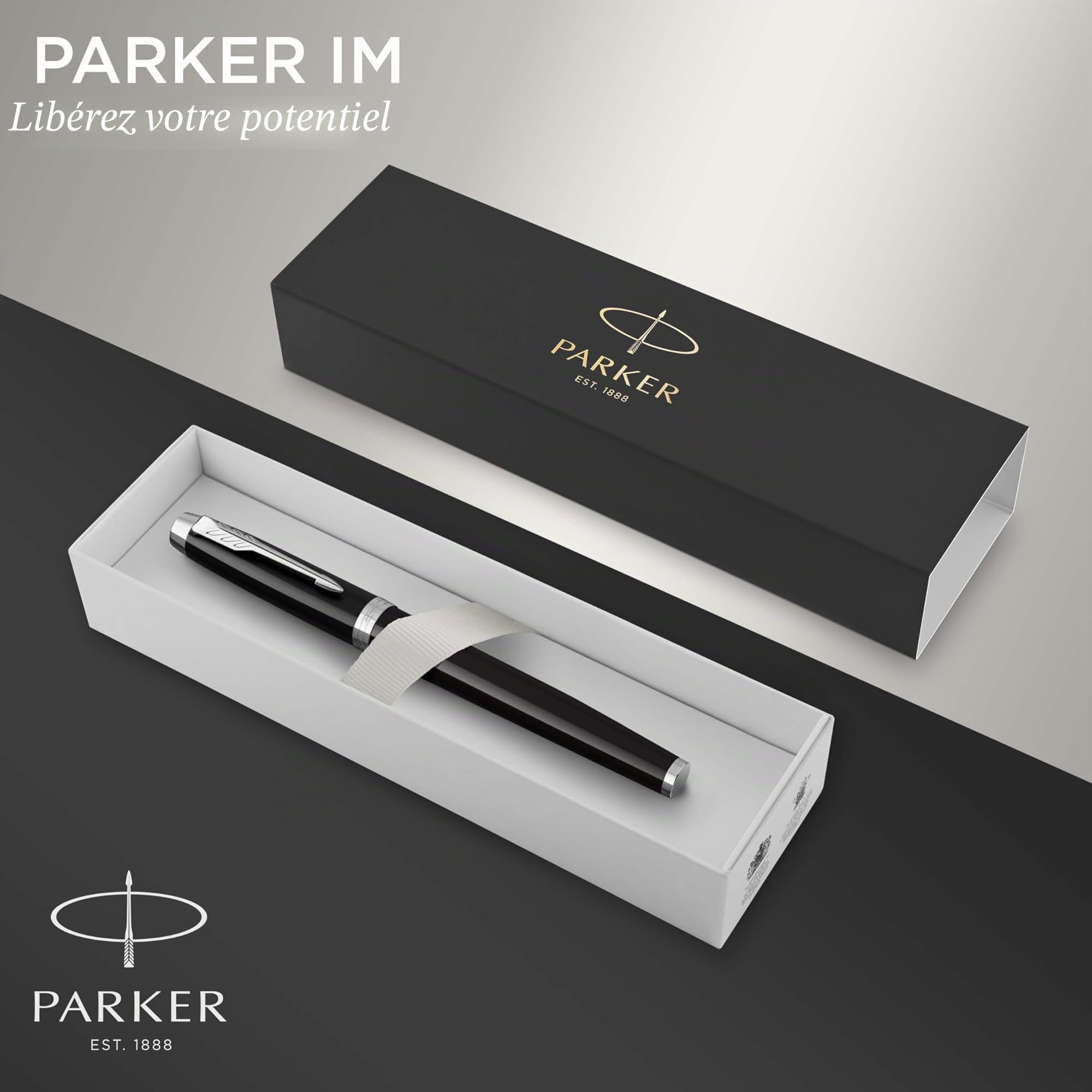 Parker IM stylo roller IM | laque noire avec attributs chromés | pointe fine | encre noir | coffret cadeau