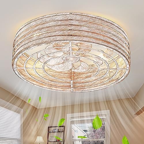 20” Flush-Mount Ceiling Fan with Dimmable-Light Remote Control, Reversible-Motor, 6 Wind Speeds, Perfect for Bedroom, Kitchen, Outdoor Gazebo, Patio, Low-Profile Retro White Design Cage