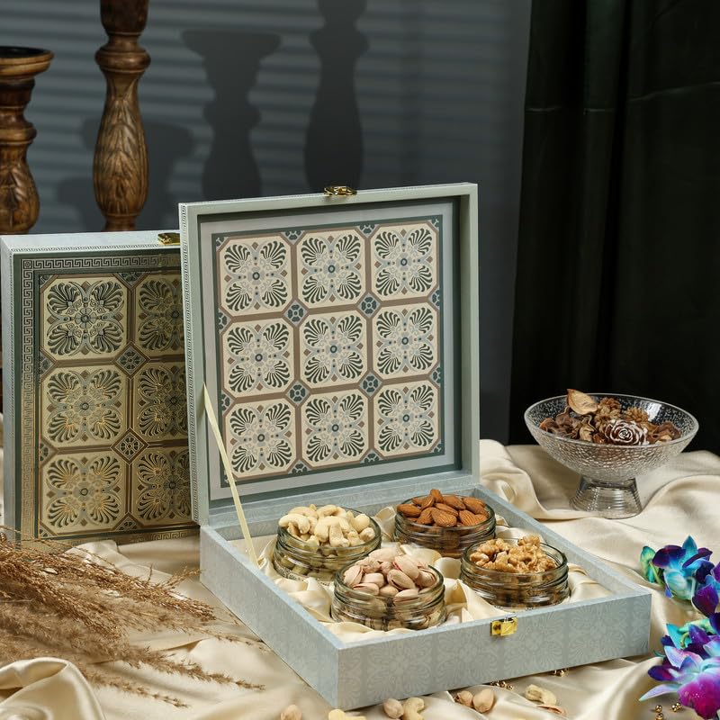 Riwaz Luxury Square Dry Fruits Gift Box | 4 Salsa Jars with Almonds, Cashews, Pistachios & Walnuts | Premium Corporate, Wedding & Festive Gifting Hamper (450g)
