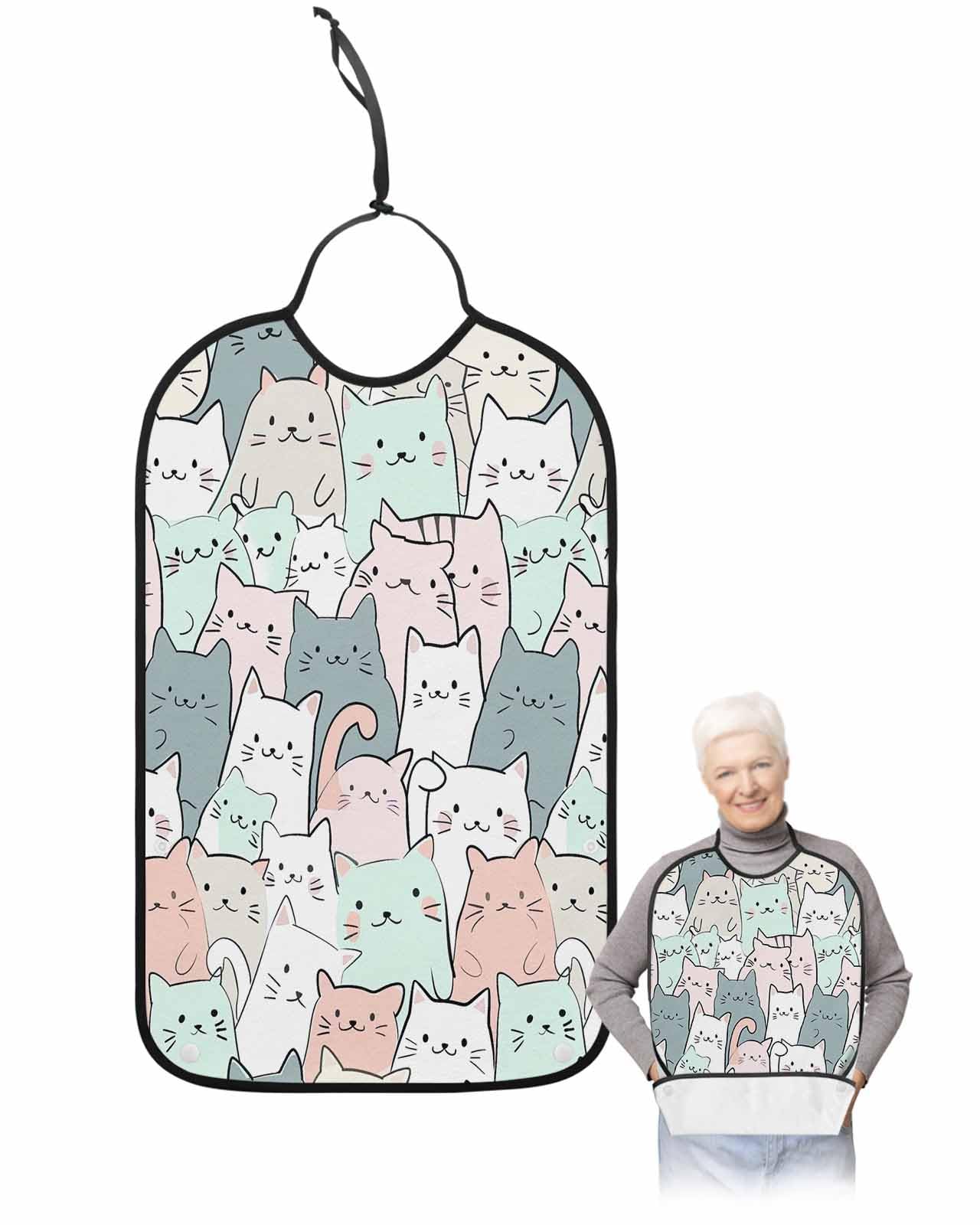 Onekaccu Cartoon Cat Adult Bibs for Elderly Women Men Washable Bibs for Eating, Funny Cute Colorful Animal Pet Waterproof Clothing Protectors Adult Bibs with Crumb Catcher