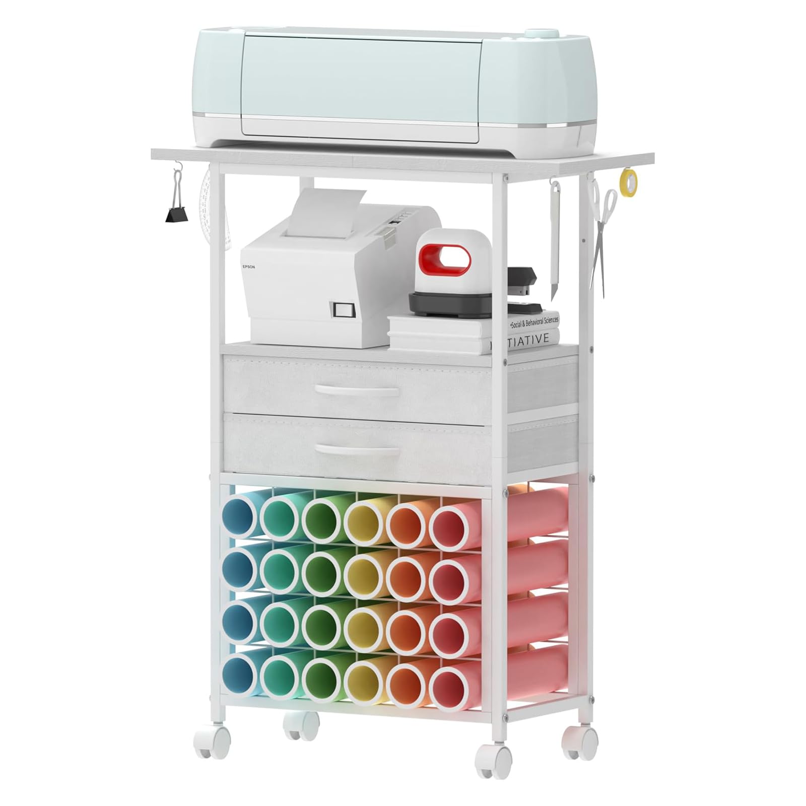 Trironsun Organisation und Aufbewahrung, Bastelwagen, kompatibel mit Cricut-Maschinen, Rollen-Organizer mit 24 Vinyl-Rollenhaltern und 2 Stoffschubladen, Bastelschrank für Bastelraum, Weiß