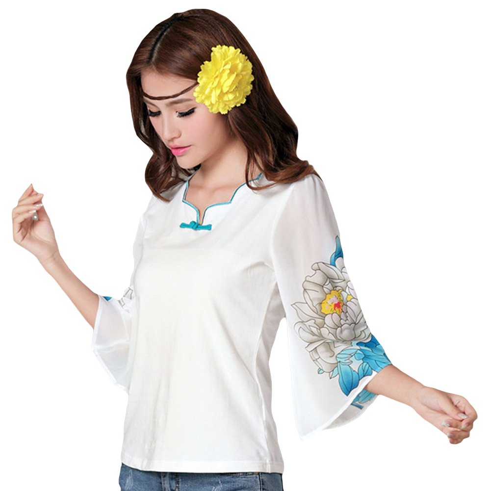 Lafon Chiffon Chinese Floral Frogging Kimono Bell Loose Sleeve Blouse FFK029M White Blue
