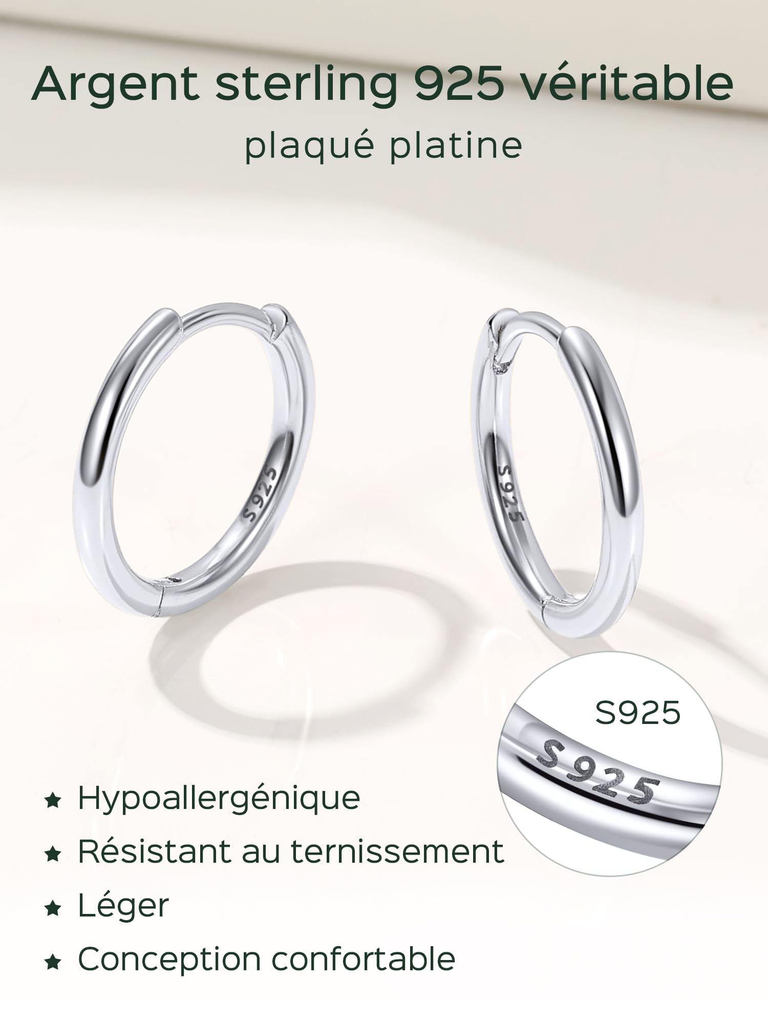 ChicSilver Petite Créoles Argent 925 Massif Femme Homme 8/9/10/12/14/16/20MM Boucles d’Oreilles Mini Hoop Pour Or/Argent/Noir/Or Rose