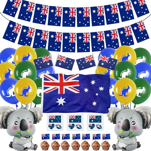 149pcs Australian Party Decorations Set - Green Blue Australia Party Decor Bunting Hand Waved Flag Cake Topper Australia Day Inflatable Animal Foil Latex Balloons Tattoo Stickers Supplies