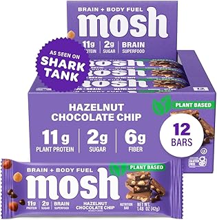 MOSH Hazelnut Chocolate Chip Vegan Protein Bars, Plant Based, Keto, Gluten Free, Brain Healthy Snack with Cognizin, Ashwagandha and Lion's Mane, 12 Count