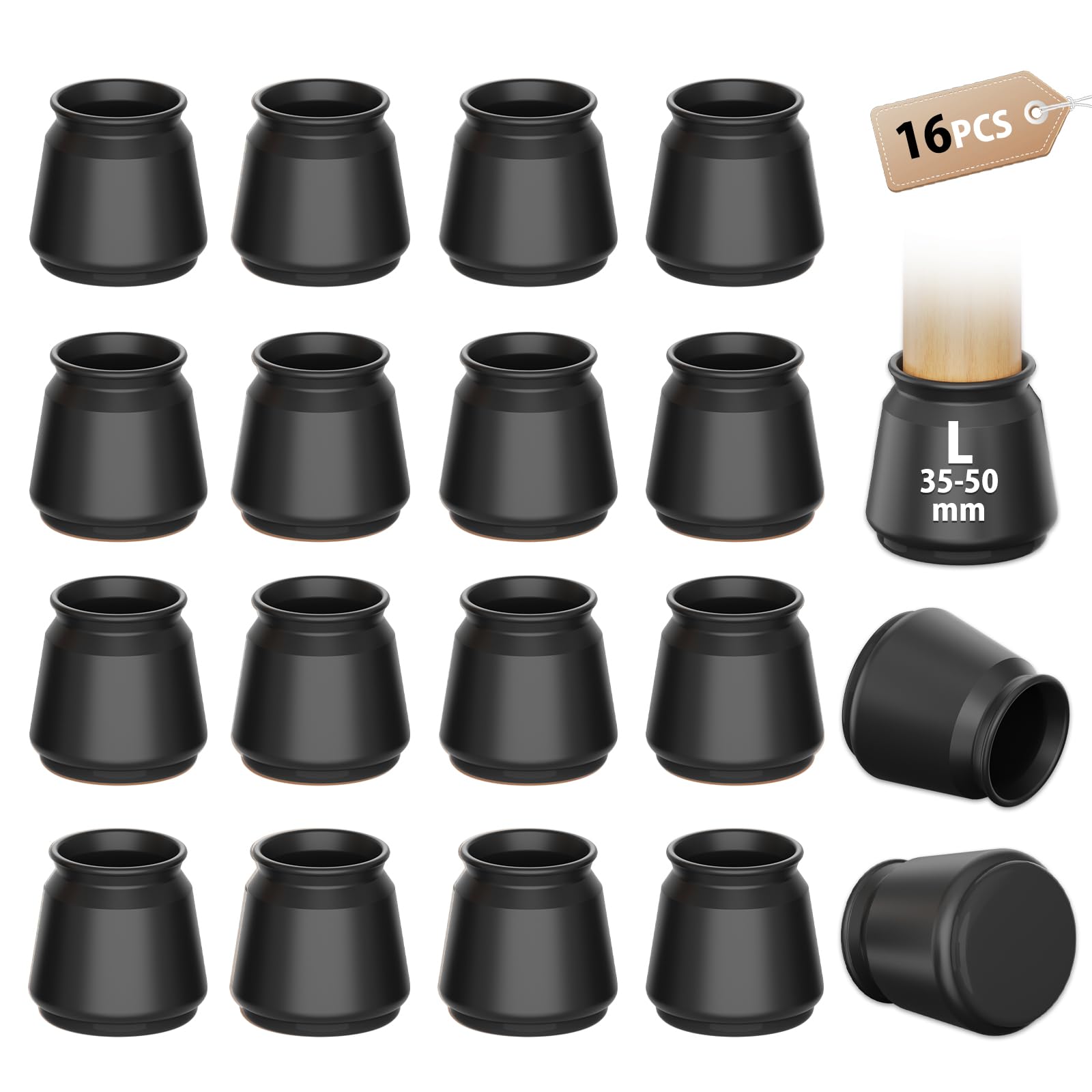 16 Pcs Round Black Chair Leg Floor Protectors, Anti-Scratch Rubber Feet Caps for Chair Table Sofa Legs, Chair foot glide carpet protector, Protect Wooden Floors and Reduce Noise(Fit:35-50mm)