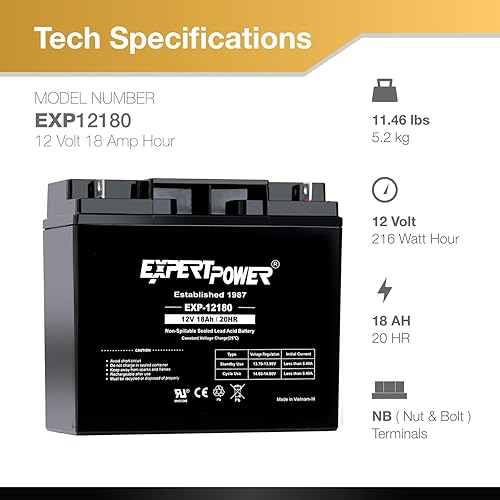 Miniatura 3 de ExpertPower Batería recargable de 12 voltios y 18 Ah con tuercas y pernos incluidos || EXP12180