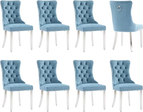 Miniatura 45 de Juego de 8 sillas de comedor tapizadas de lujo, sillas de cocina beige con patas de metal dorado, silla de comedor con respaldo capitoné de