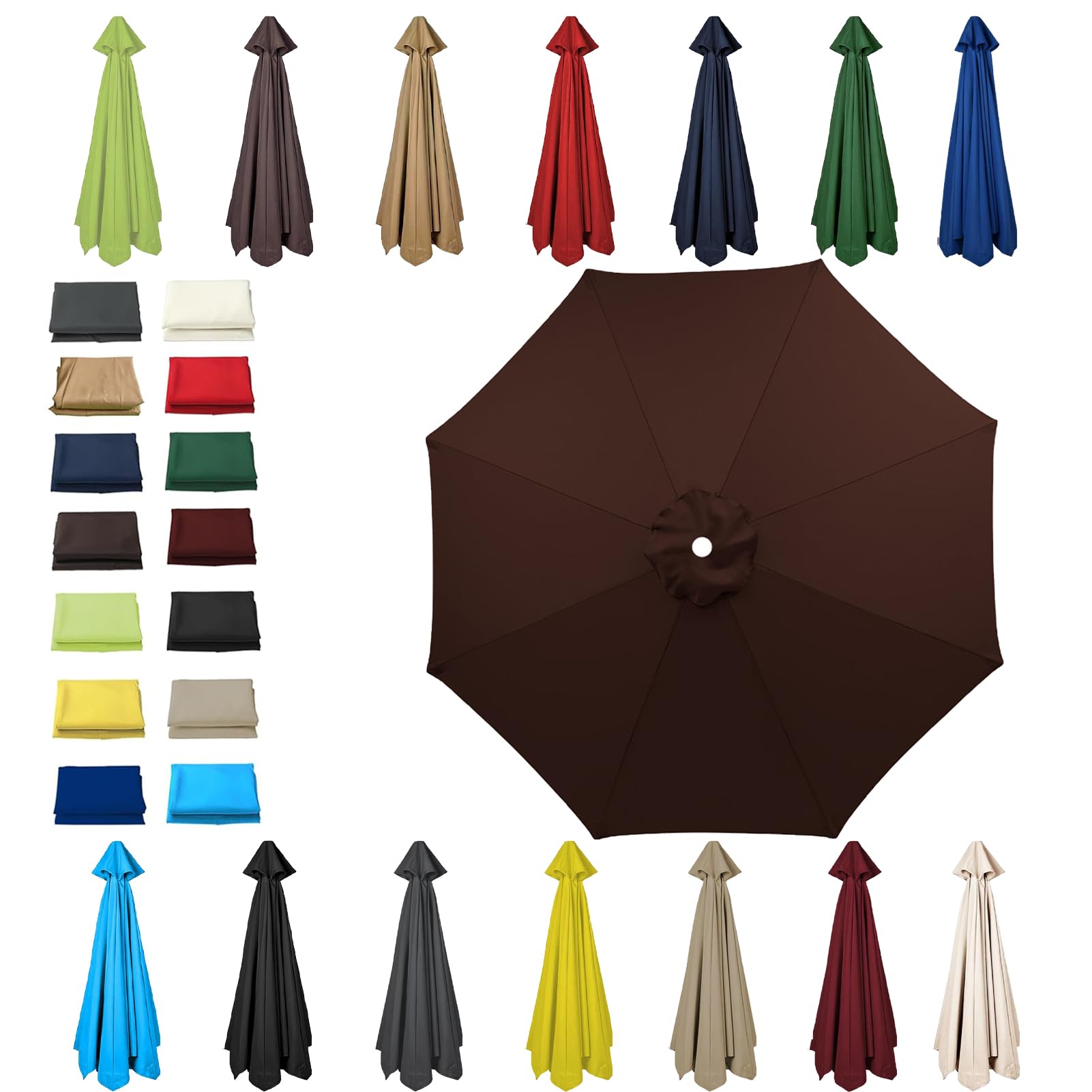 HonunGron 6 Ribs/8 Ribs Replacement Parasol Cover, 3.0m/2.7m/2.5m/2.3m/2m Umbrella Canopy Replacement, Sun Umbrella Replacement Cloth, UV 50+ Garden Parasol Canopy Cover (6 ribs-2.7m(8.8ft),Brown)
