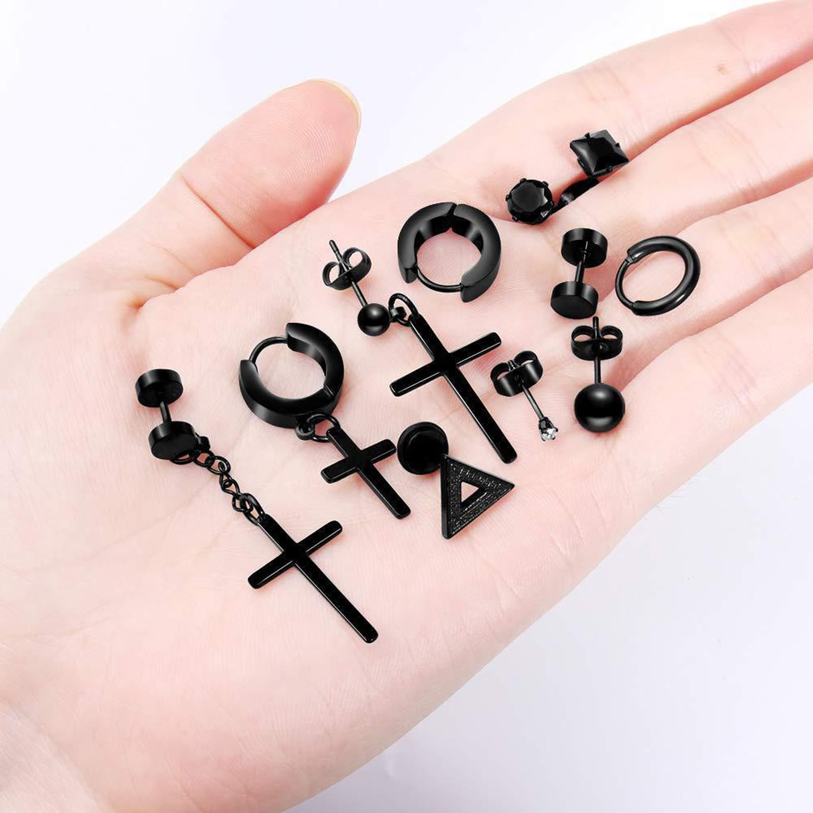 JSTHHTT 15 Paia Orecchini Uomo Cerchio, Orecchini a Cerchio, Punk Orecchino, Croce Pendente (Nero)