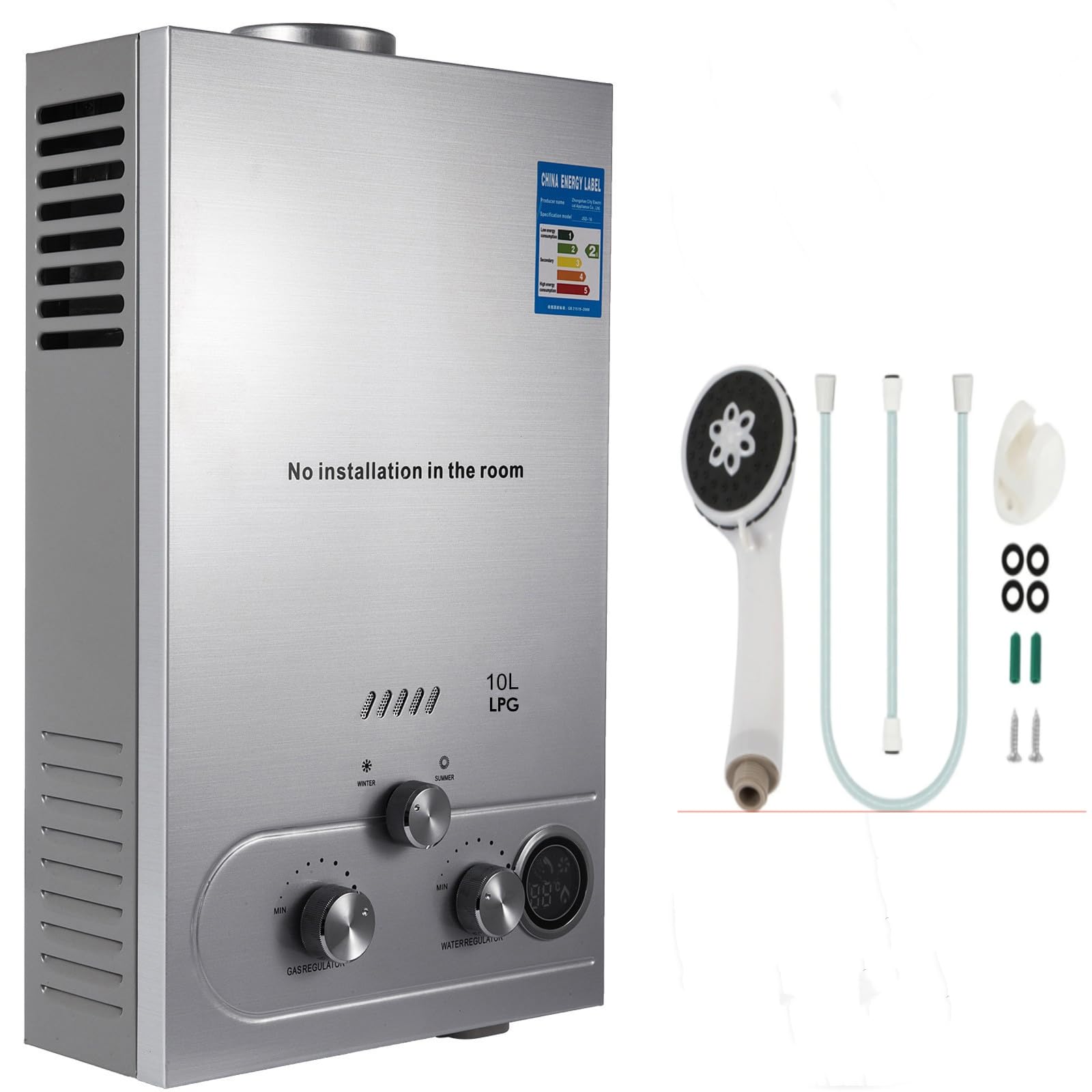 10L Scaldacqua a Gas Propano GPL 20KW Propano Butano Riscaldatori di Acqua a Gas Liquefatto,Scaldabagno Istantaneo Senza Serbatoio con Kit Doccia, per Campeggio,Camper,Casa