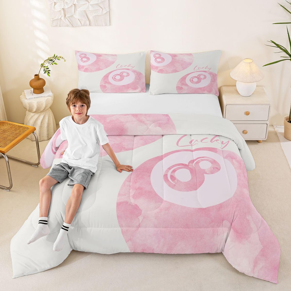 Homewish Modny zestaw pościeli z 8 kulkami - różowy Lucky Y2K zestaw kołdry gradientowa zestaw kołder - preppy wystrój pokoju estetyczna kołdra bez pokrowca