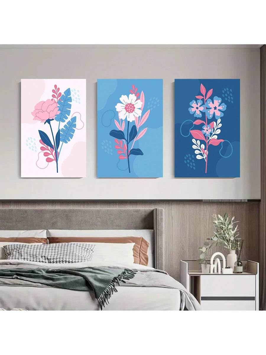 lianyibo 3 nowoczesne abstrakcyjne kwiatowe obrazy na płótnie - różowe niebieskie fioletowo-białe wydruki botaniczne do salonu i sypialni (40 x 60 cm x 3 / rama wewnętrzna)