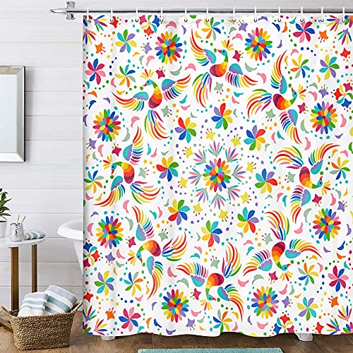 Mexico Floral Shower Curtain For Bathroom, Traditional Mexican Boho Shower Curtain Set, Bright Bird Paisley Flowers Ethnic Colorful Fabric Bath Curtain Morden Bathroom Accessory 12Pcs Hooks, 70X70In #TOP1