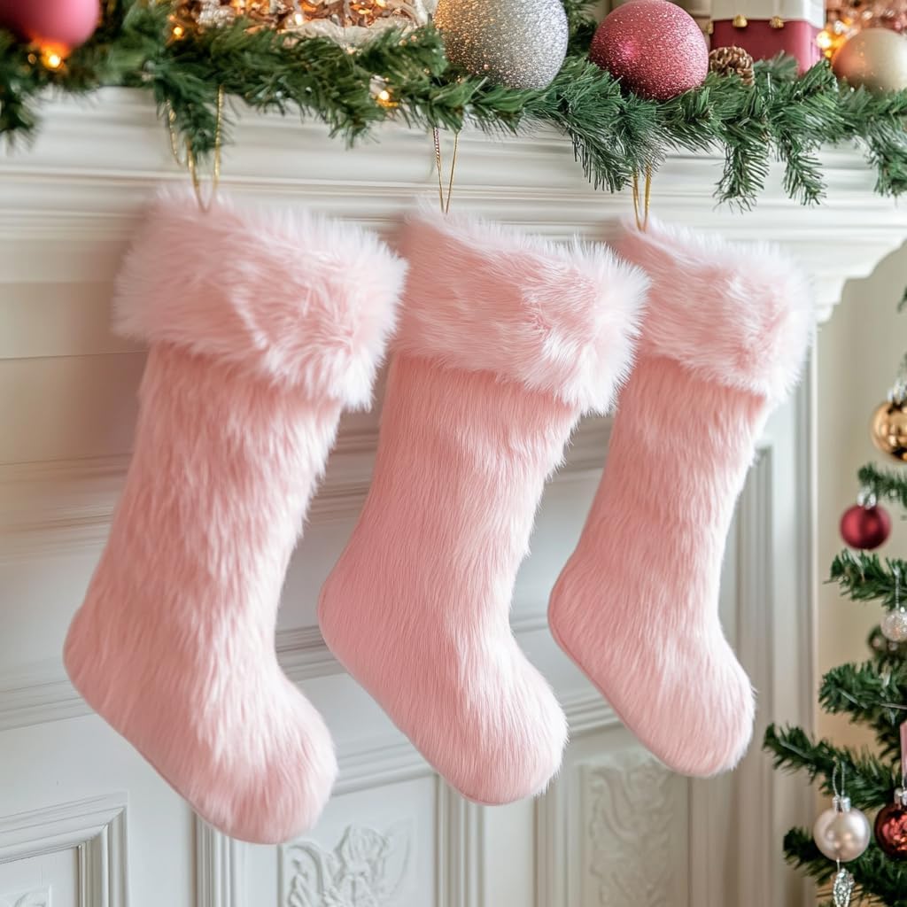 AOGU 3 Pack 19 Inch Pink Christmas Stockings Faux Fur Xmas Christmas Stockings Hanging Ornaments Candy Gift Bags for Christmas Decorations - Image 2