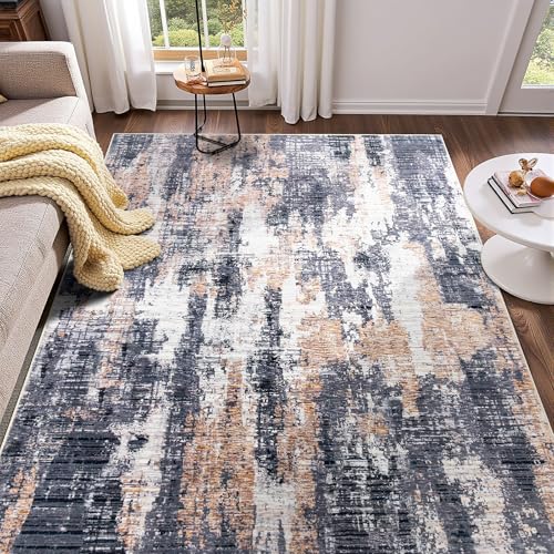 Enqinar 5x7 Area Rugs for Living Room, Machine Washable Modern Abstract Area Rugs, Non Slip Low Pile Stain Resistant Floor Carpet for Bedroom Dorm Under Dining Table Nursery Decor, Blue Brown