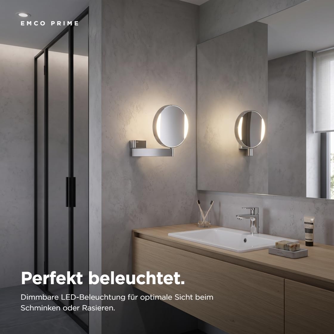 Emco Universal LED Kosmetik- und Rasierspiegel am Flexarm, runder Kosmetikspiegel mit Beleuchtung zur Wandmontage, Vergrößerungsspiegel (3-/7-fach) mit Einstellbarer Farbtemperatur, Chrom