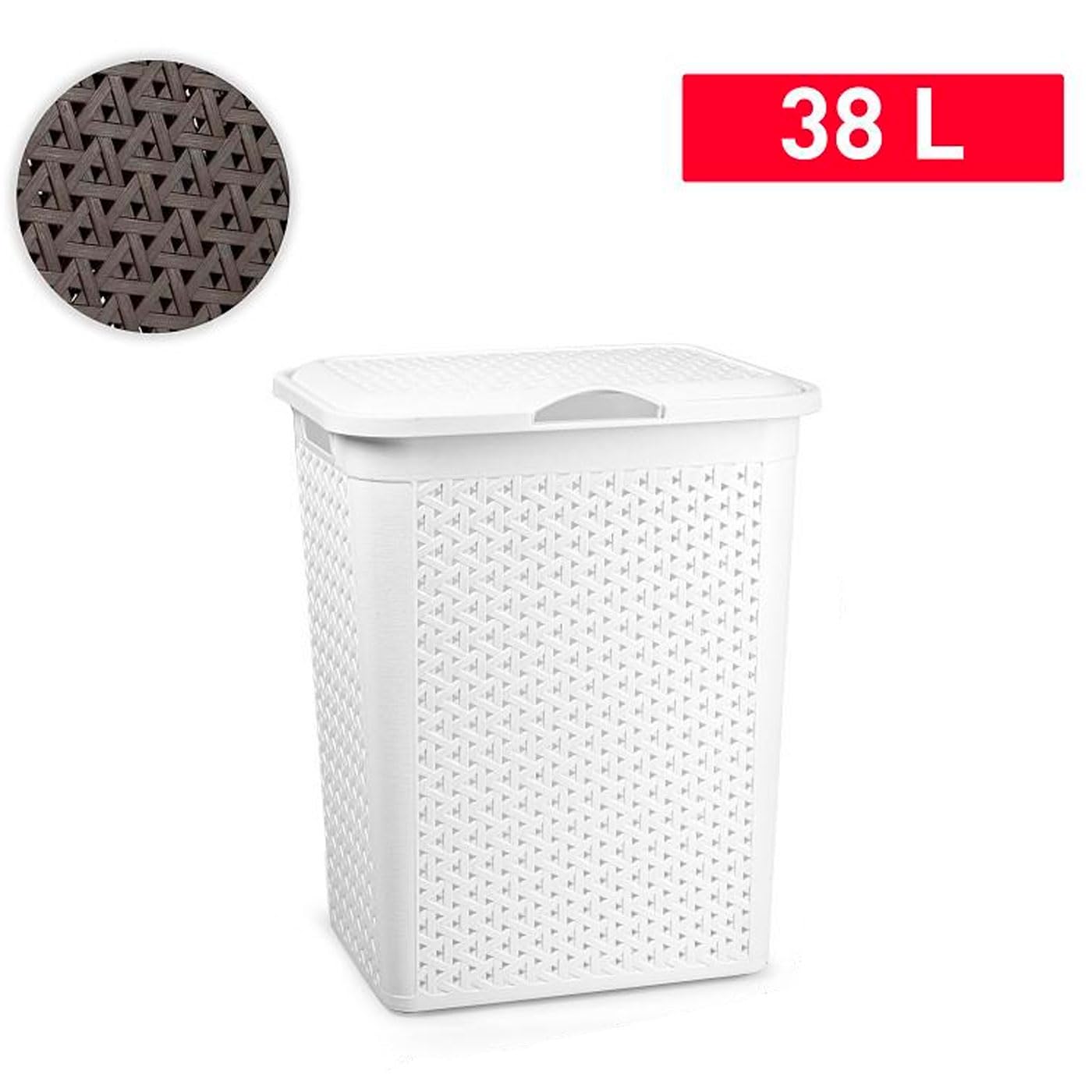 Cubo para Ropa Sucia con Tapa y Asas 38 Litros Plástico Imitación Mimbre Blanco 49 x 38,5 x 29,5 cm