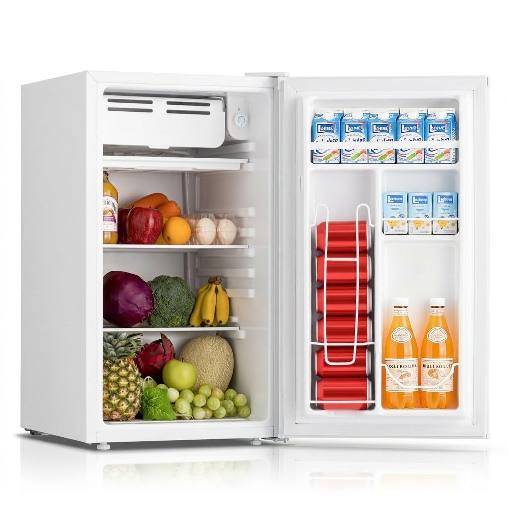 DollarDash 90.8L Mini-réfrigérateur avec congélateur, Petit réfrigérateur à porte individuelle, réfrigérateur dortoir avec 7 thermostats réglables, Économie d'énergie, silencieux, Blanc - 1