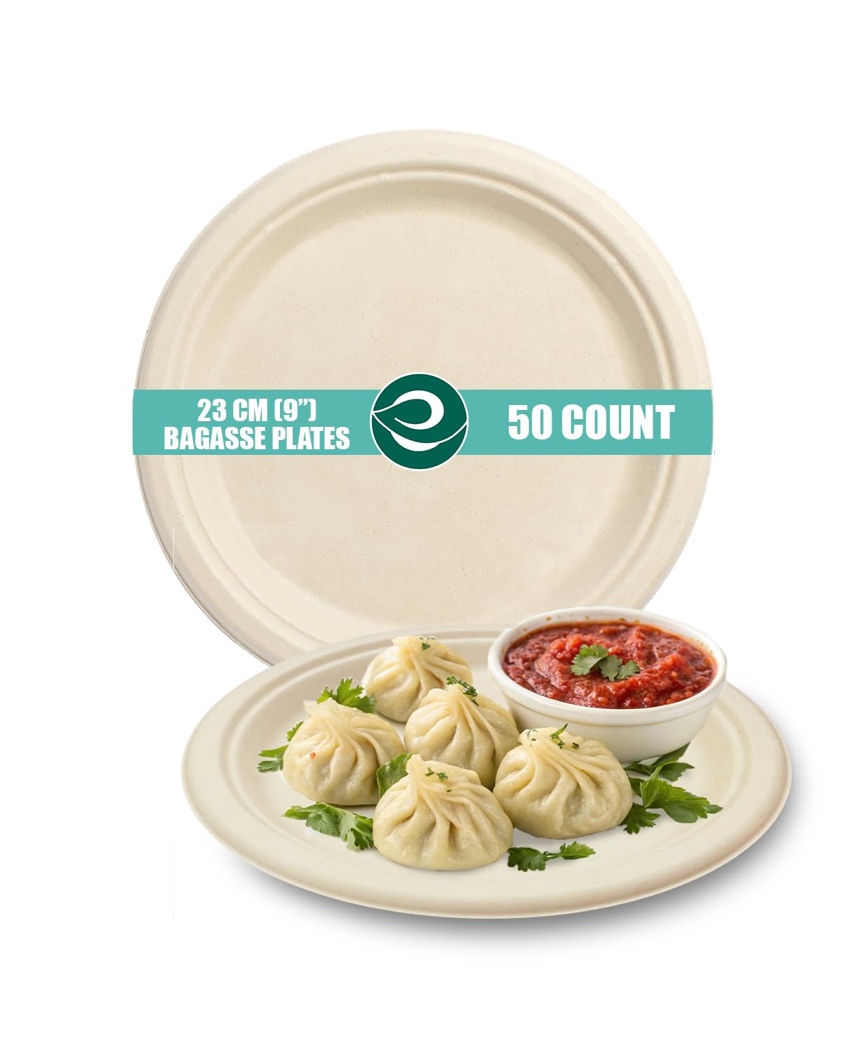 ECO SOUL | Disposable Bagasse Plates | 9 inch - Pack of 50 | Disposable Plates Big Size for Snacking & Everyday Use | Sturdy, Microwave Safe, Leak-Resistant | Sugarcane Bagasse