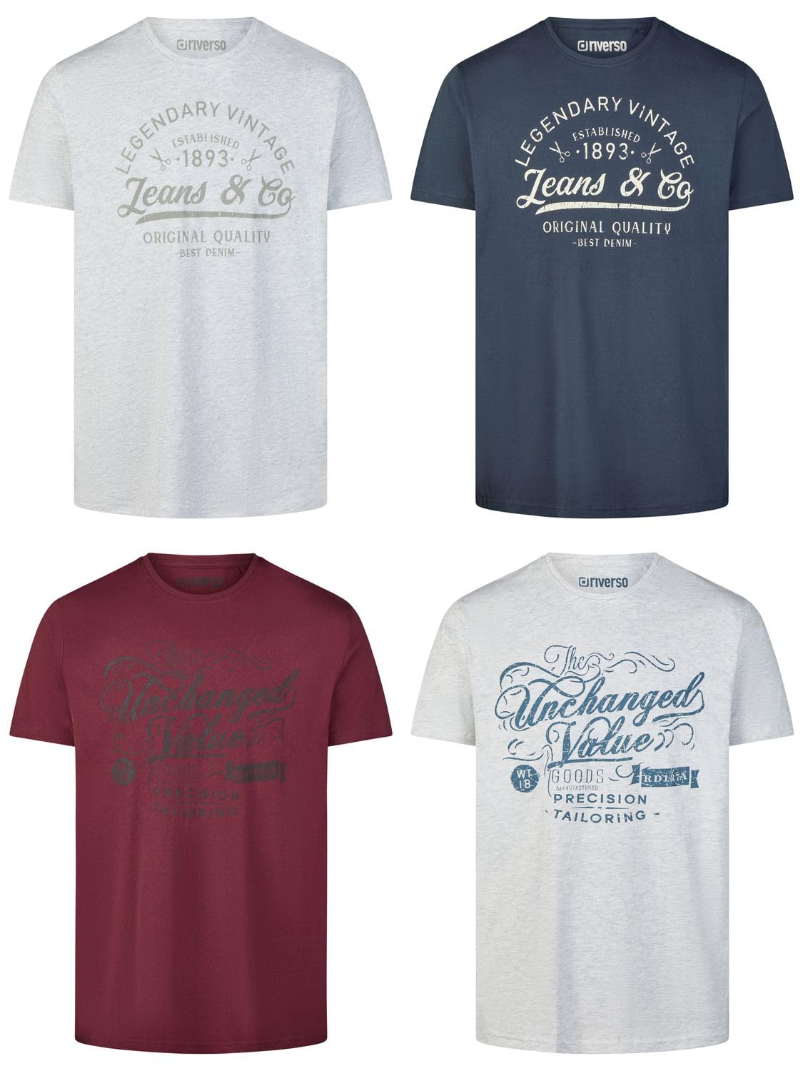 riverso Tshirt Herren Baumwolle Regular Fit RIVLeon 4er Set Pack Rundhals Kurzarm Sommer Tee Shirt Print Grün Blau Weiß Grau Rot Orange S M L XL XXL 3XL 4XL 5XL