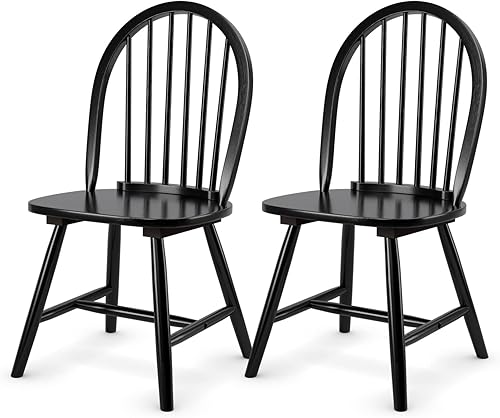 KOTEK Juego de 2 sillas de comedor de madera, sillas Windsor con respaldo de husillo, patas de madera maciza, asiento ancho, sillas laterales sin