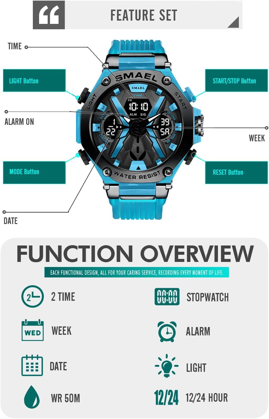 KXAITO Men's Watches Sports Outdoor Waterproof Military Watch Date Multi Function Tactics LED Face Alarm Stopwatch for Men 8087