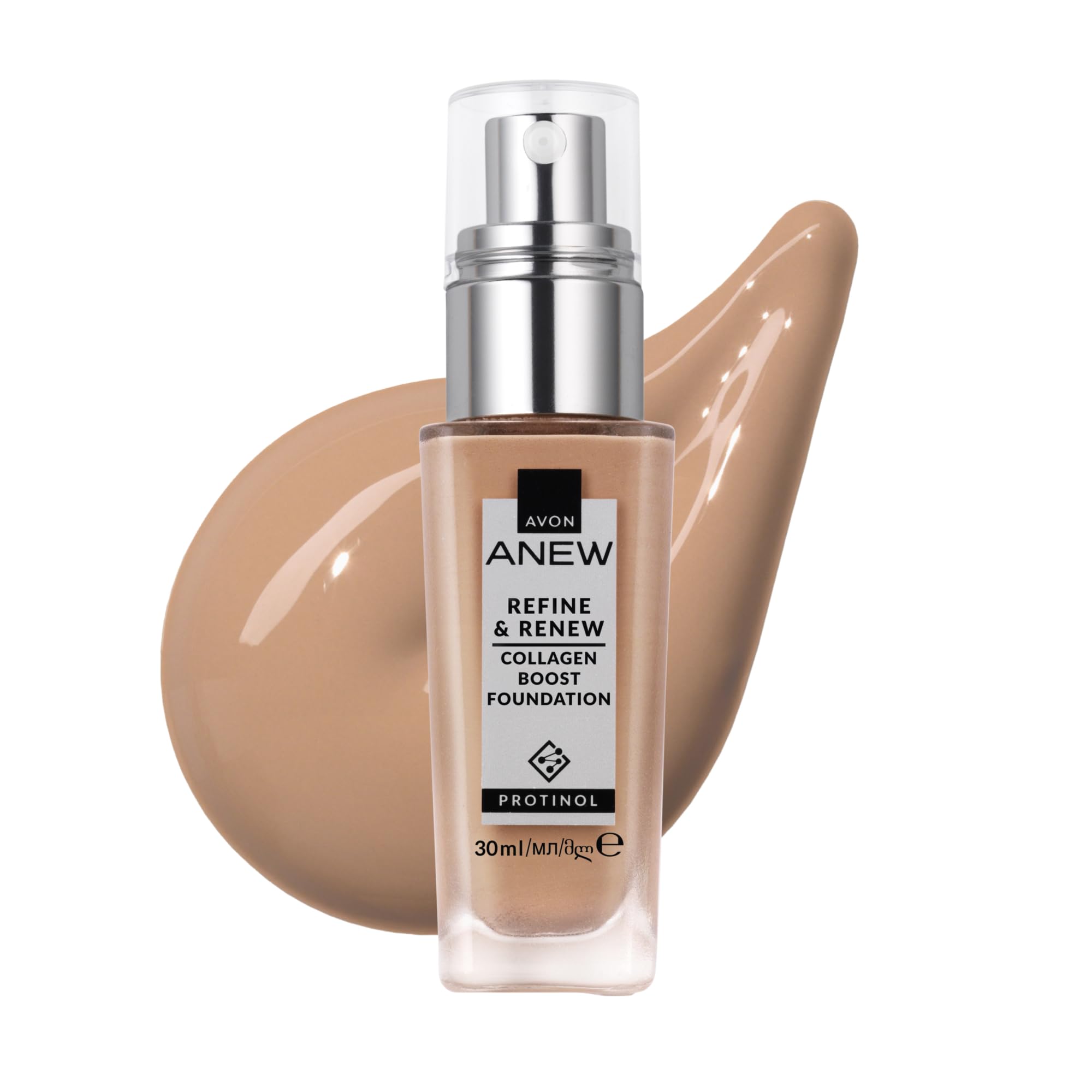 AVON Anew Protinol Refine & Renew Foundation SPF30, 30ml, Collagen Boosting, Buildable, Resilient, Plumper & Firming-Looking Complexion, Undetectable, Lightweight & Radiant Finish & Feel, 215P