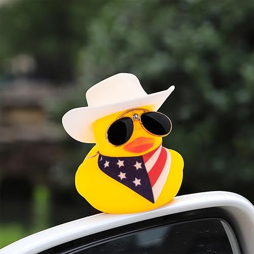 Miniatura 6 de wonuu Adornos de pato de goma para automóvil, accesorios de decoración de tablero de automóvil con mini anillo de natación, sombrero de vaquero y